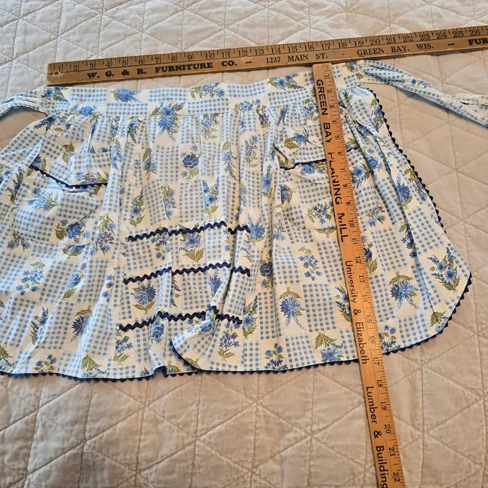 Vintage Half Apron Blue Gingham Floral Patchwork Tie Back Classic 60s 50s Retro